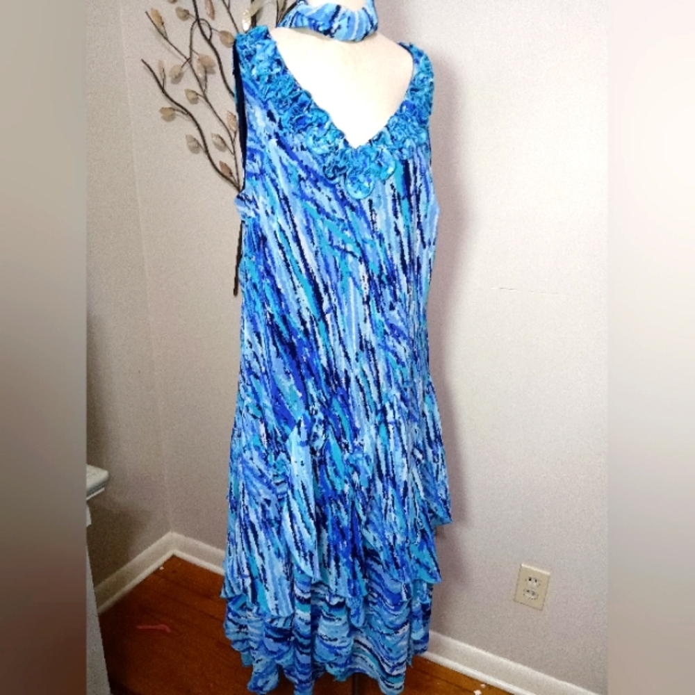 ✨Wow! LANE BRYANT Blue Teal White Chiffon Ruffle Sleeveless Dress Plus Sz 22